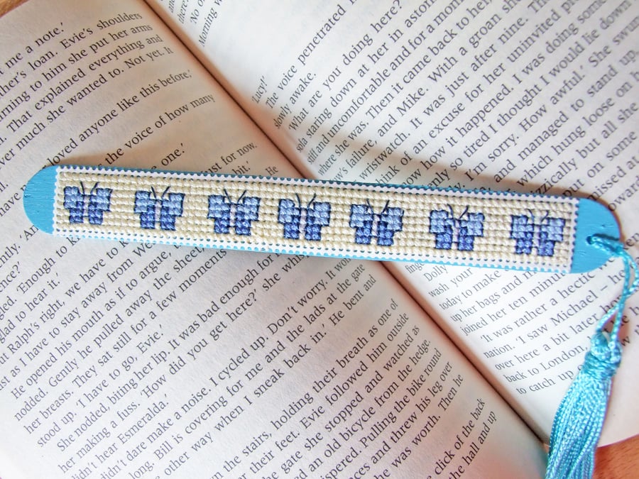 Blue Butterflies Wooden Cross Stitched Hand Painted Bookmark