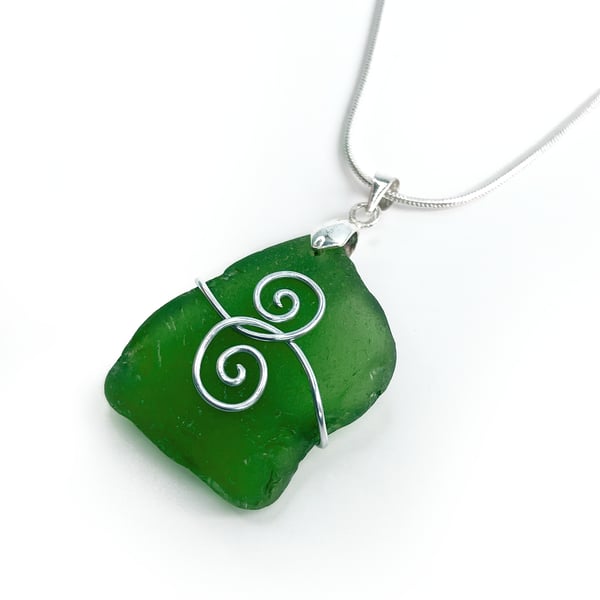 Sea Glass Pendant - Green Beach Glass, Silver Handmade Celtic Necklace Jewellery