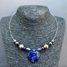 Unique upcycled bead necklace with blue heart pendant - sustainable jewellery