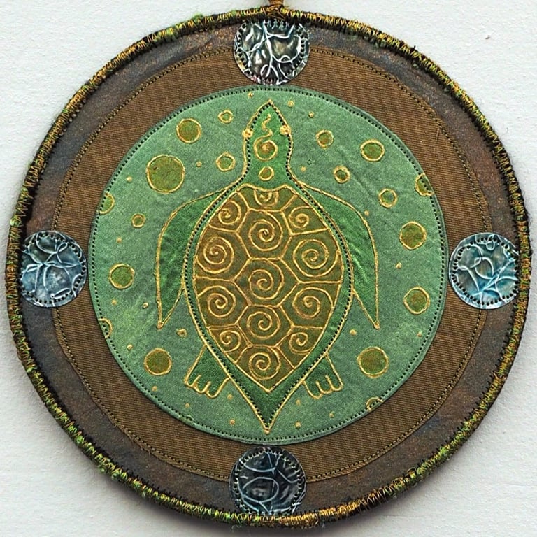 TMP001 - Turtle Mandala Wall Hanging-17.5cm diameter-Olive Green- Old Gold