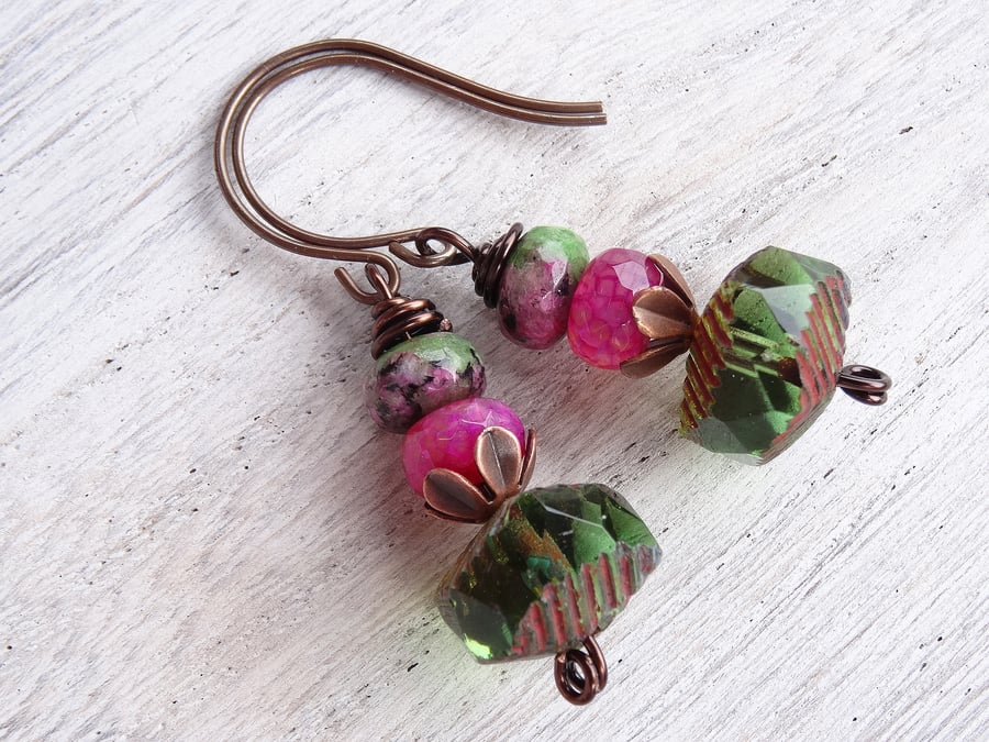 Fuchsia and Green Earrings, Jade Earings, Ruby Zoisite Earrings, Boho Earrings.