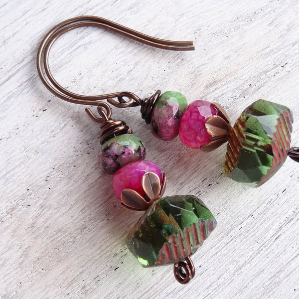 Fuchsia and Green Earrings, Jade Earings, Ruby Zoisite Earrings, Boho Earrings.