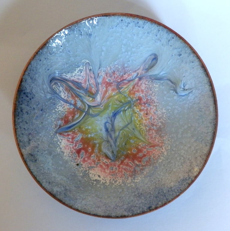 enamelled bowl - pale blue scrolled red and gold