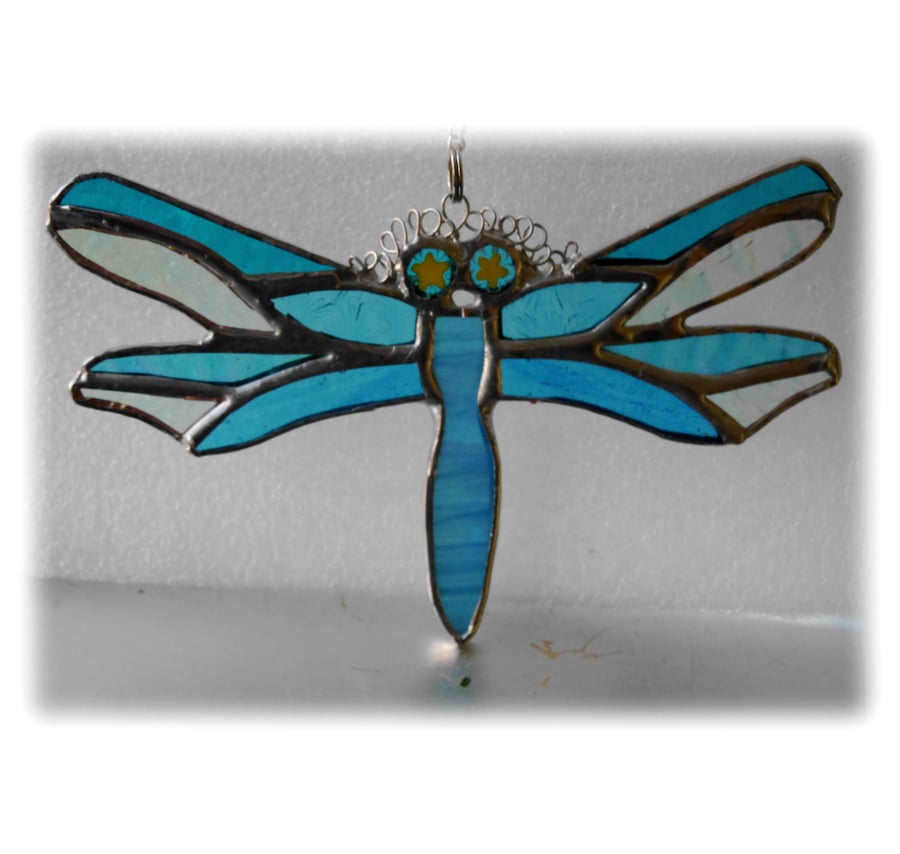 Dragonfly Suncatcher Turquoise Handmade Stained Glass 045
