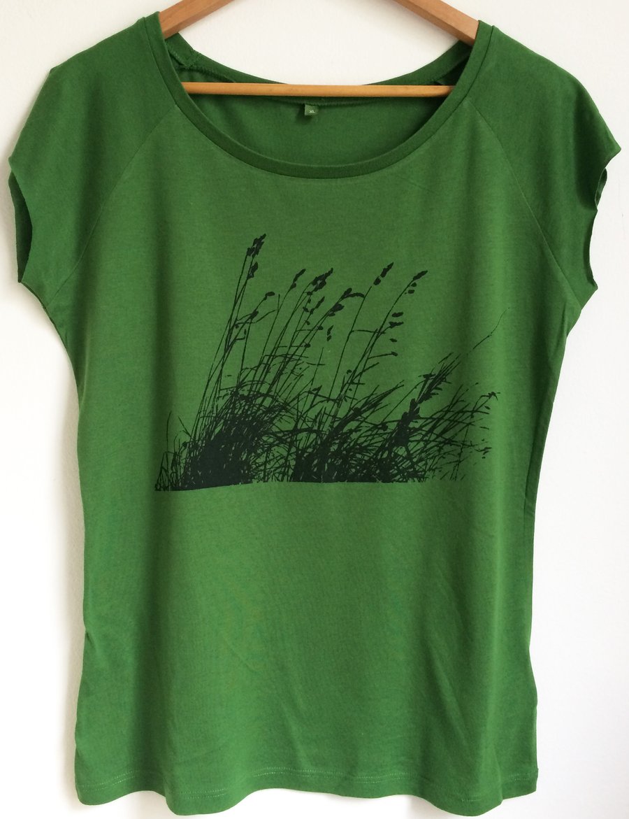 Wild grasses womens green bamboo organic cotton printed fair wear T shirt 