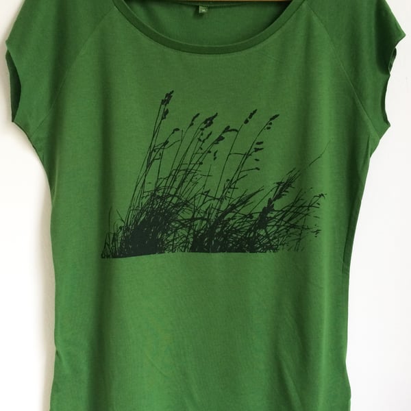 Wild grasses womens green bamboo organic cotton printed fair wear T shirt 