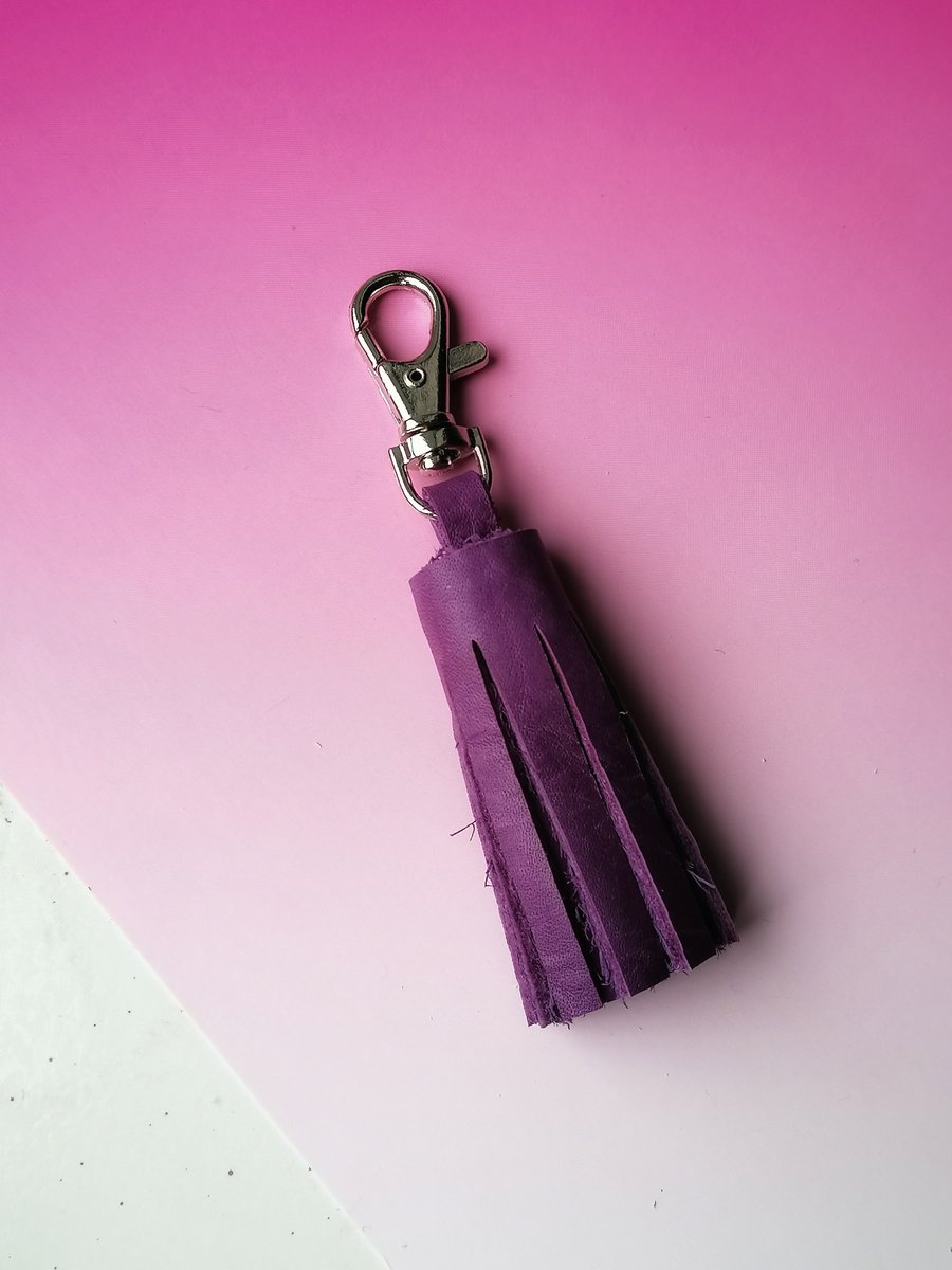Handmade Leather Tassel Keyring - Purple