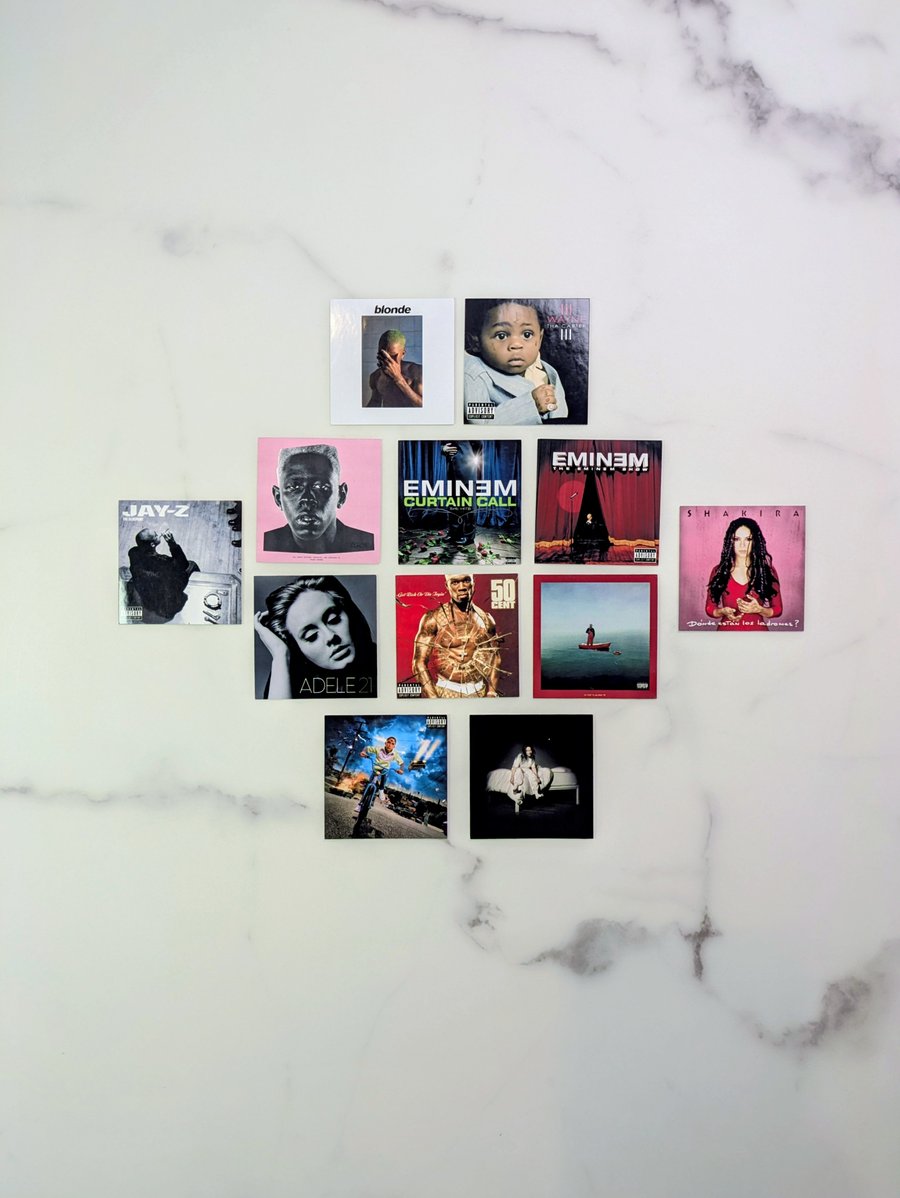 Custom album cover sticker decal set featuring 12 personalised artist album cove