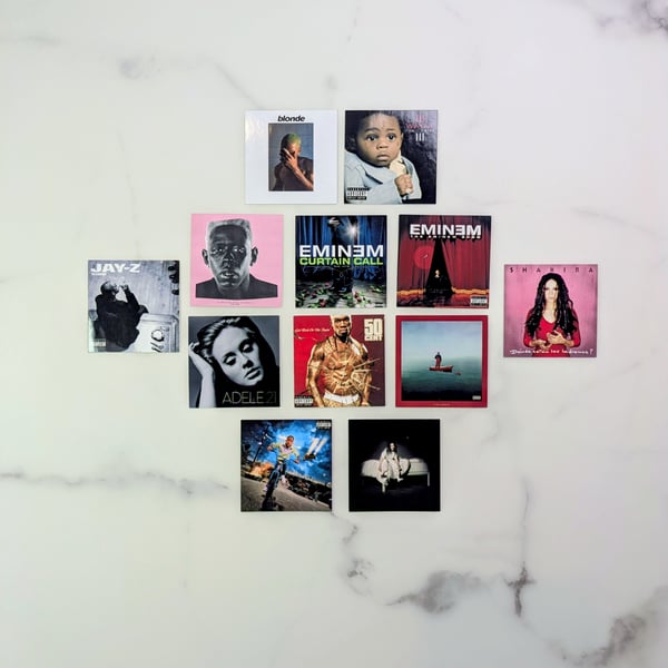 Custom album cover sticker decal set featuring 12 personalised artist album cove