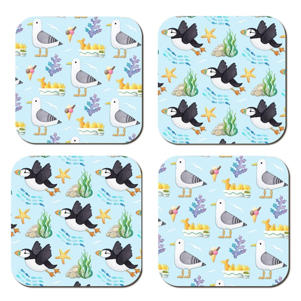 Seaside Coasters (Set of 4) Puffin and Seagull Pattern. Coastal Nautical Kitchen