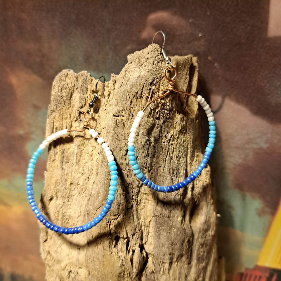 Seed Bead Hoop Earrings on Copper Wire - Inspired by Sea and Sky