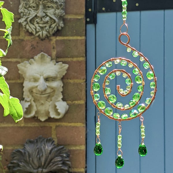 Beautiful copper and green suncatcher wire wrapped spiral handmade unique 