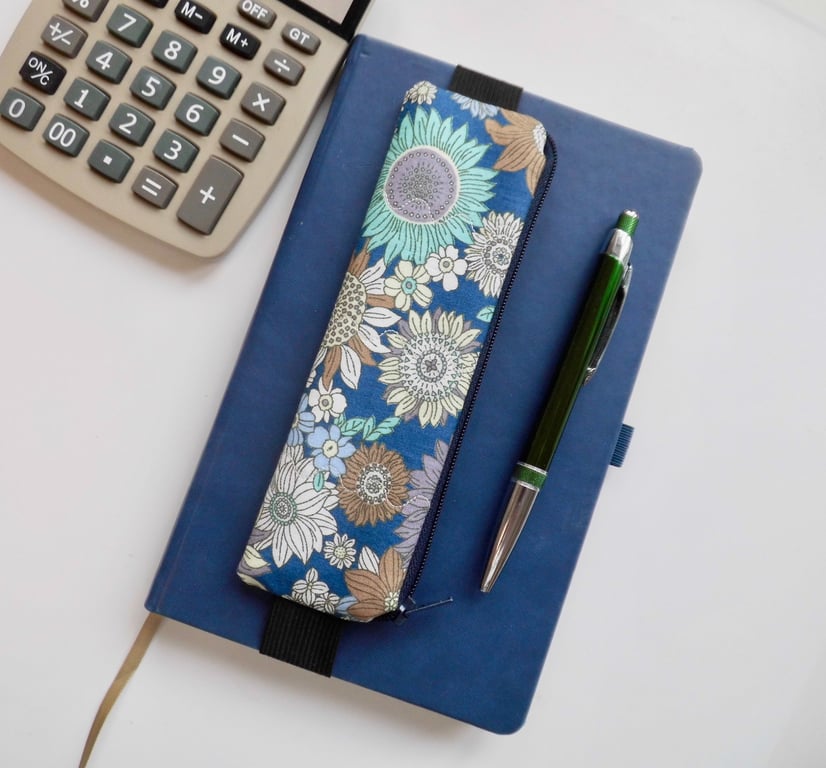 Pencil case for cover of book diary journal blue floral fabric