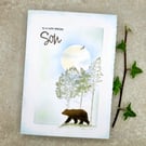 Son Birthday Card - bear, handmade cards, trees, nature, moon, textured