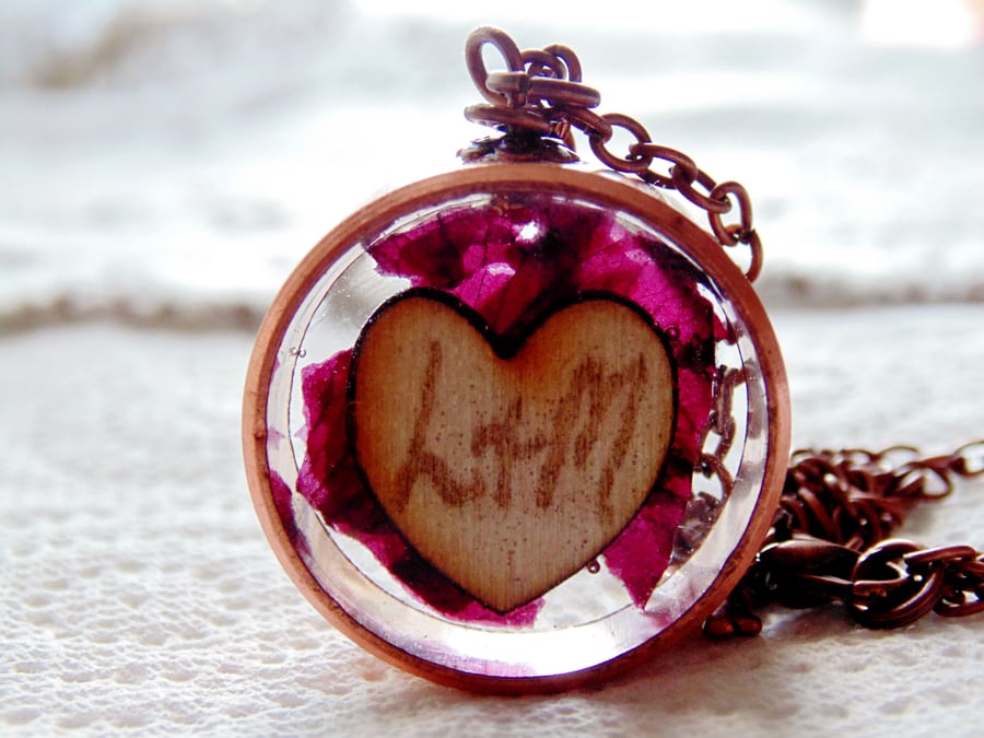 Copper Frame Pendant, Dried Rose Petals, Eco Resin Necklace