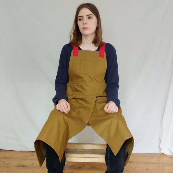 SAMPLE Womens Potters Apron, Mustard Denim, Adjustable Crossback Apron No21