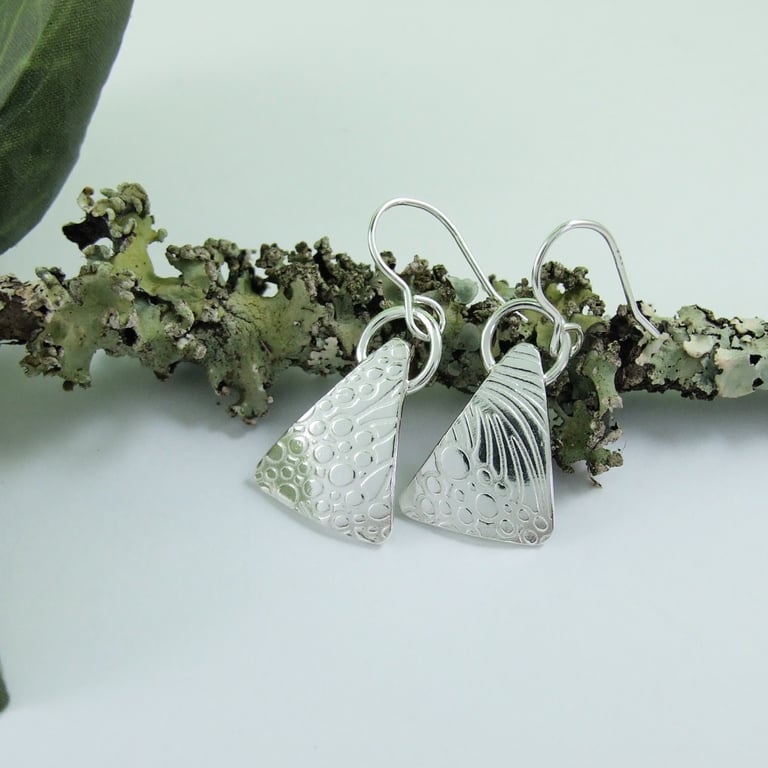 Earrings, Sterling Silver Patterned Triangle Droppers