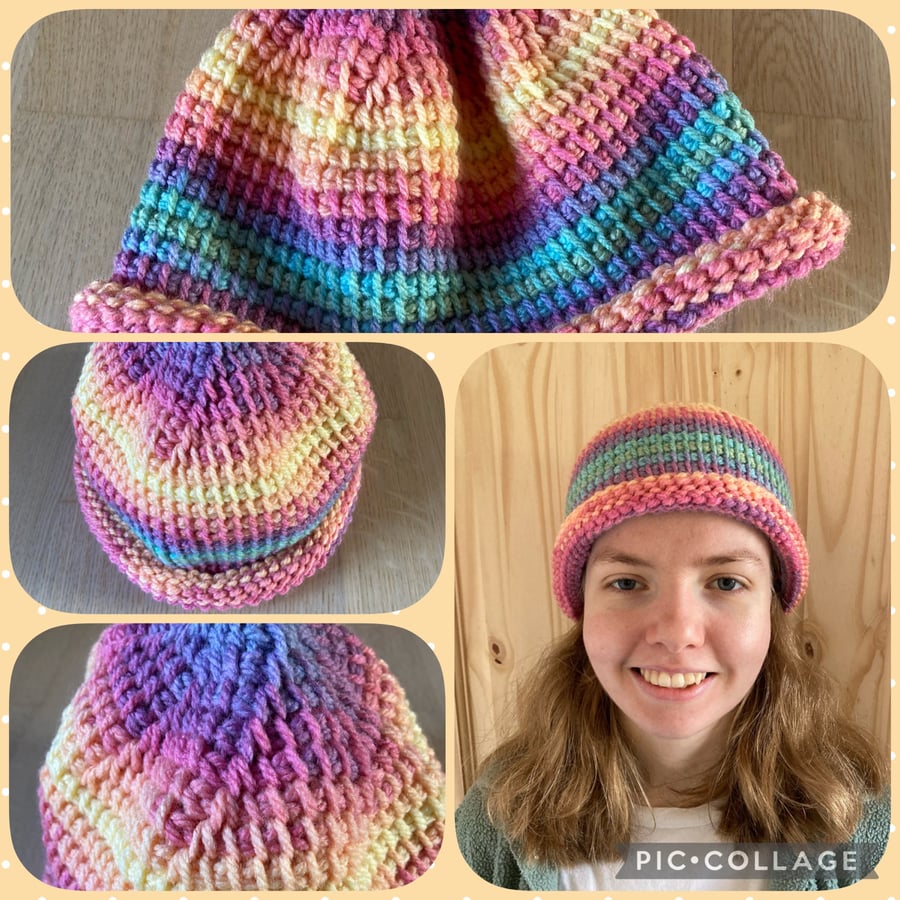 Pale rainbow hat  Tunisian crochet hat  cosy hat  