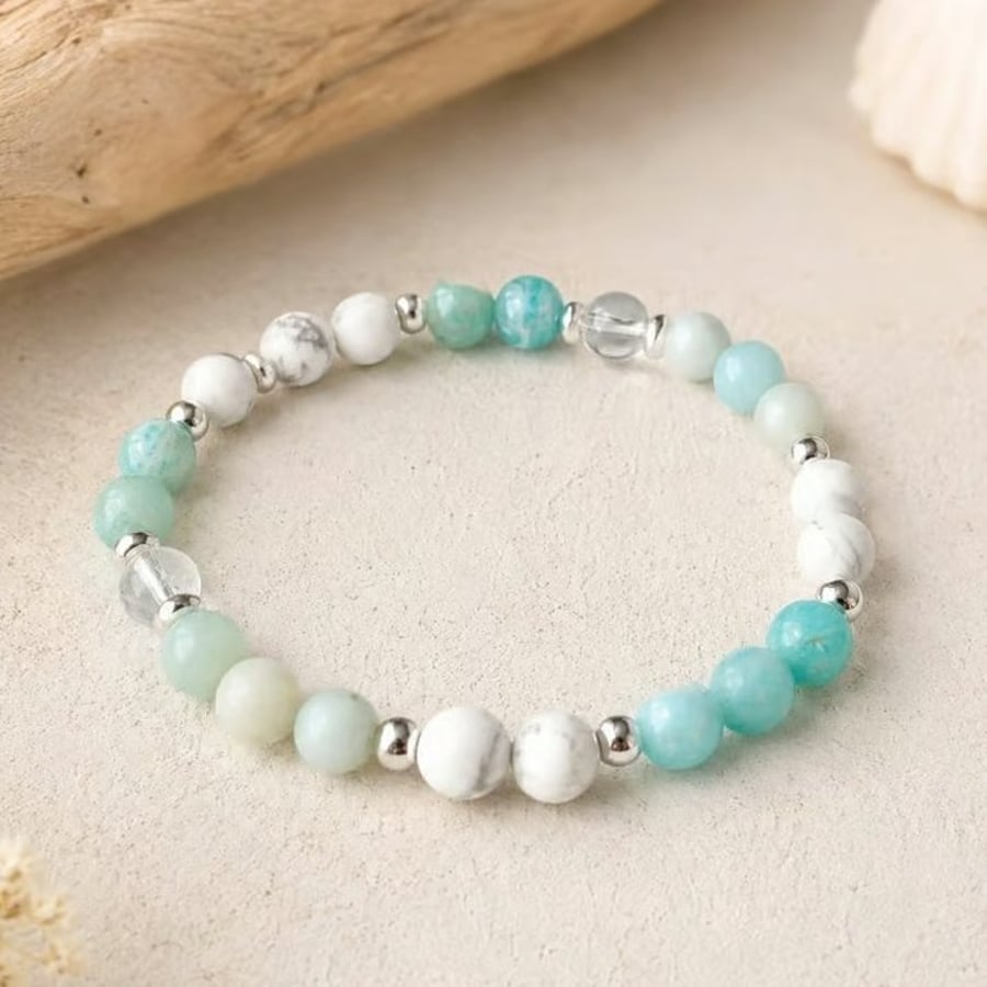 Amazonite, Howlite & Clear Quartz Bracelet - Crystal Jewellery Gift for Her