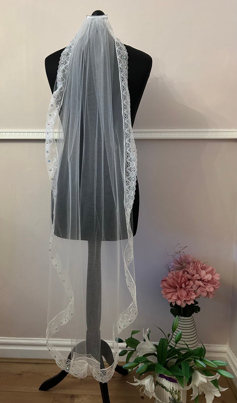 Wedding veil with lace and ab crystals