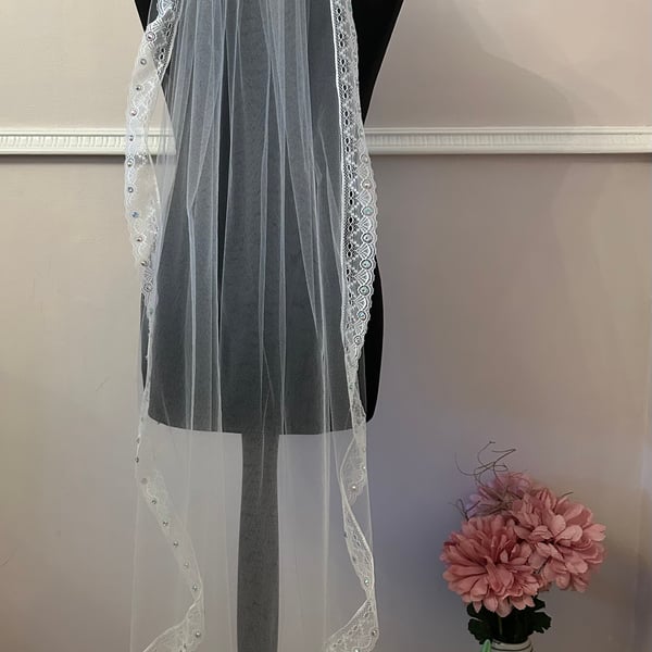 Wedding veil with lace and ab crystals