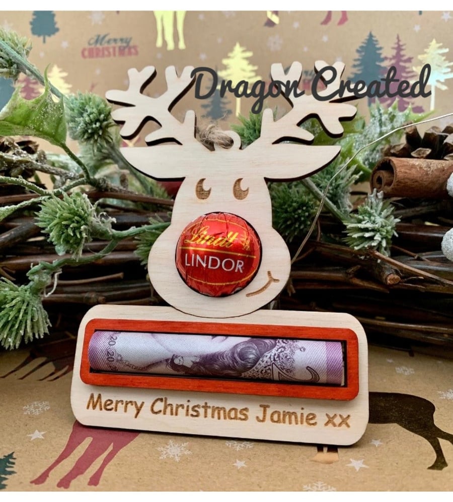 Personalised Reindeer Lindt Christmas Ornament, Money Holder, Cash Gift, Chocola