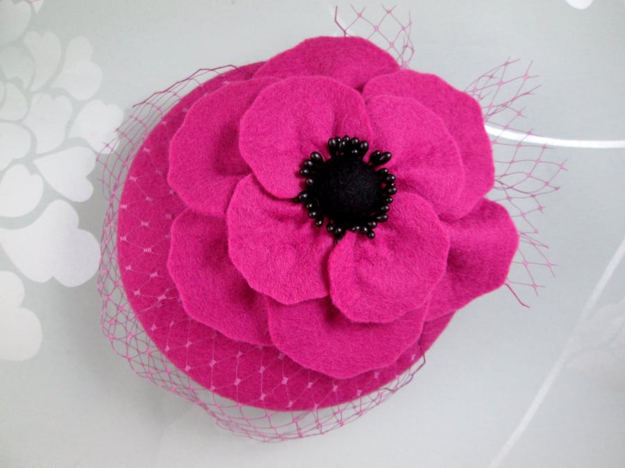 Fuchsia Pink Womens Hat - Poppy Felt Fascinator, Cocktail Hat, Wedding, Formal