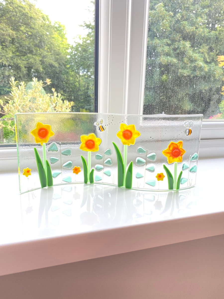 Daffodils- fused glass wave ornament