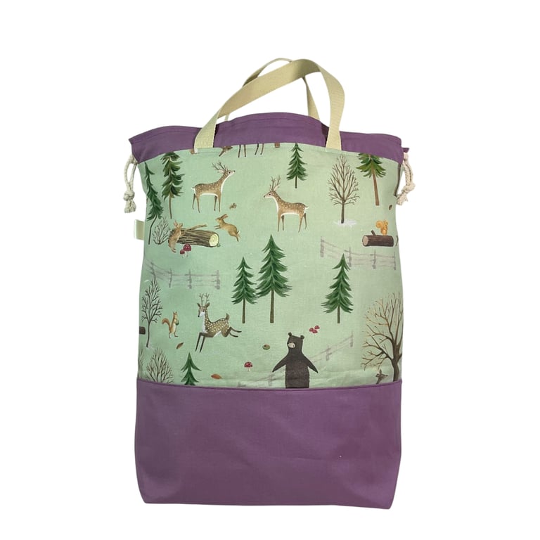 XXL drawstring knitting bag with Woodland creatures print, supersized 