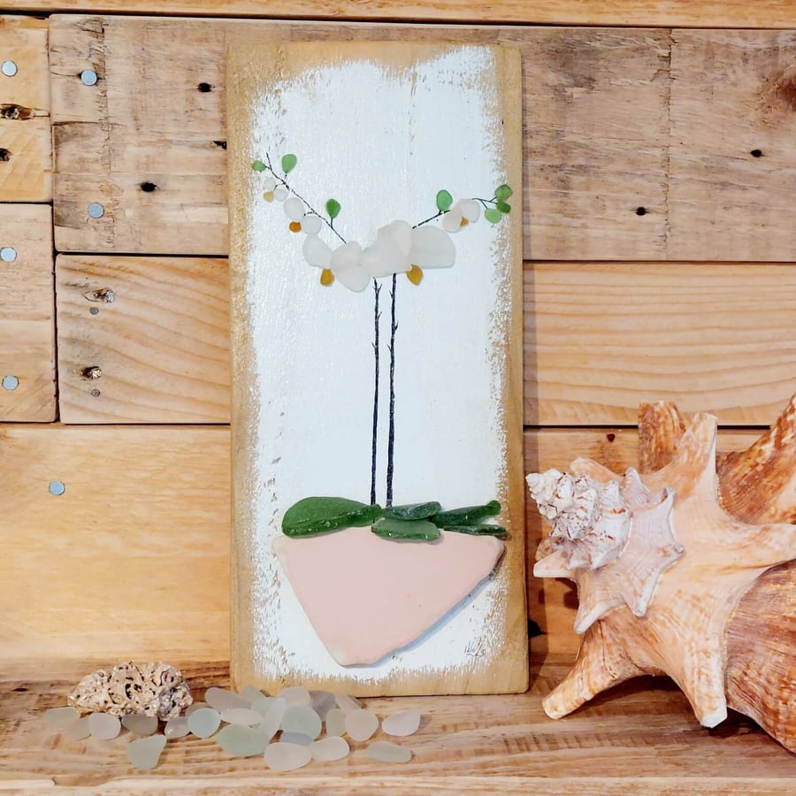 Sea Glass Wooden Wall Art Picture - Orchid on Reclaimed Wood