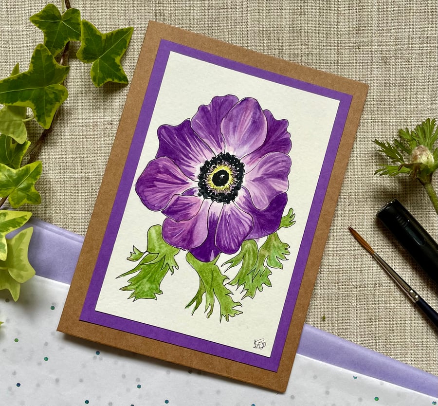 Card, greeting card, purple anemone flower, hand painted original artwork. 