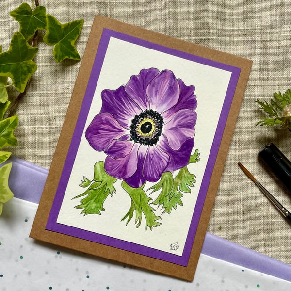 Card, greeting card, purple anemone flower, hand painted original artwork. 