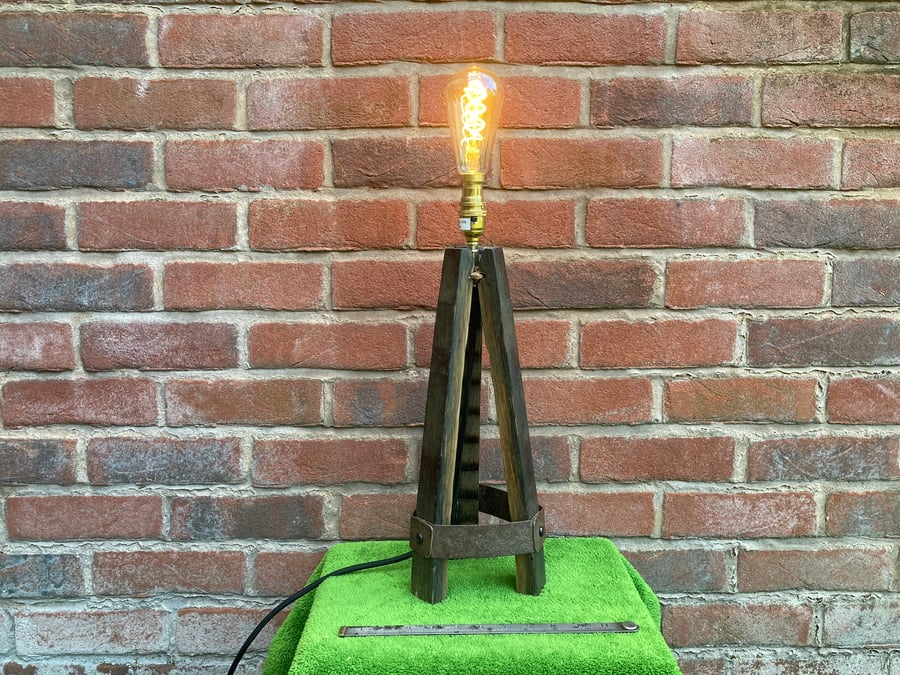 Rustic Oak Tripod Table Lamp made with Whiskey Barrel Staves