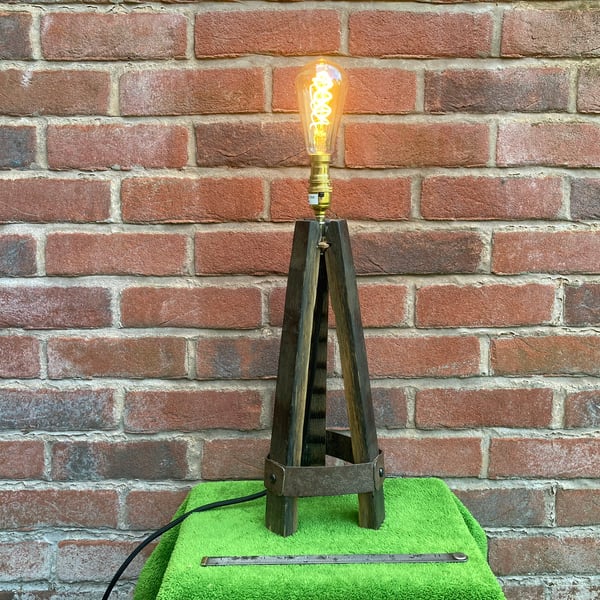 Rustic Oak Tripod Table Lamp made with Whiskey Barrel Staves
