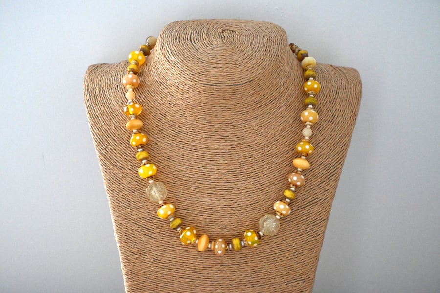 yellow polka dot lampwork glass necklace