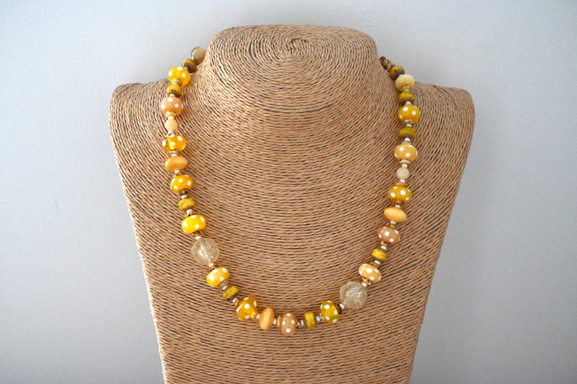 yellow polka dot lampwork glass necklace