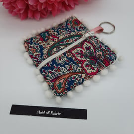 Coin purse keyring in teal and cherry red pattern fabric. Free uk delivery.  