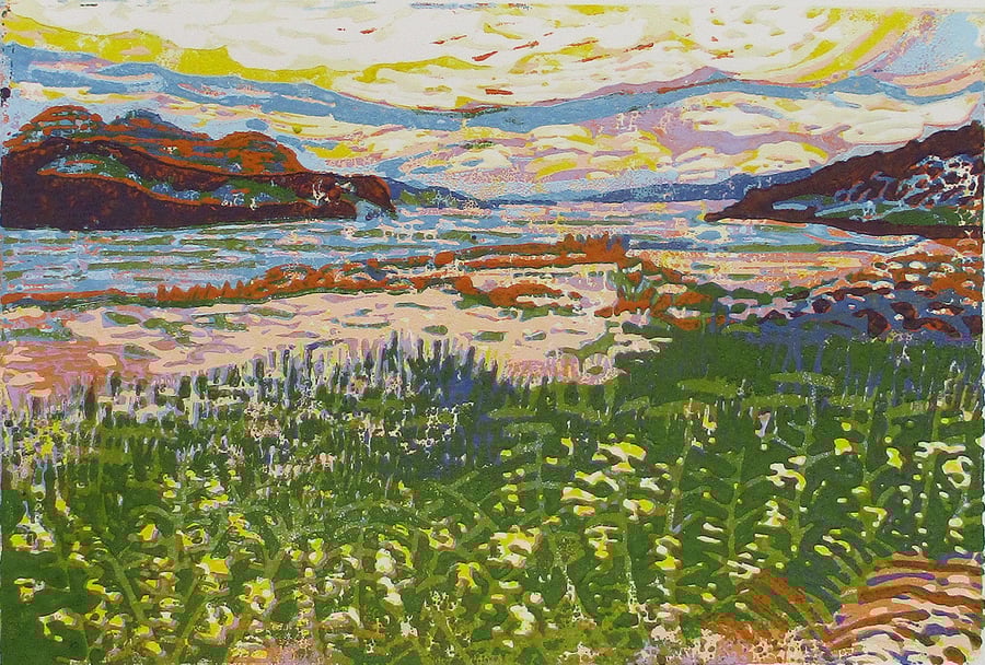 Arran From Skipness - Original Hand Pressed Linocut Print Ltd Edition