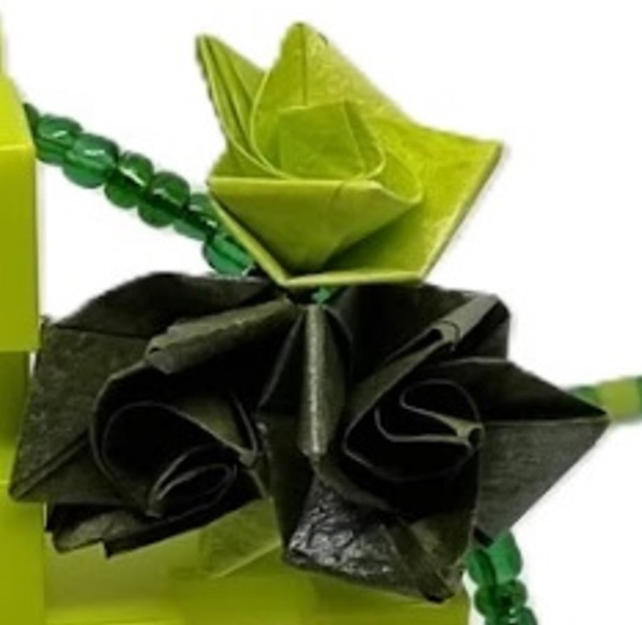 Handmade origami floral necklace: paper and small beads in shades of green