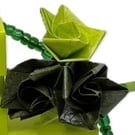 Handmade origami floral necklace: paper and small beads in shades of green