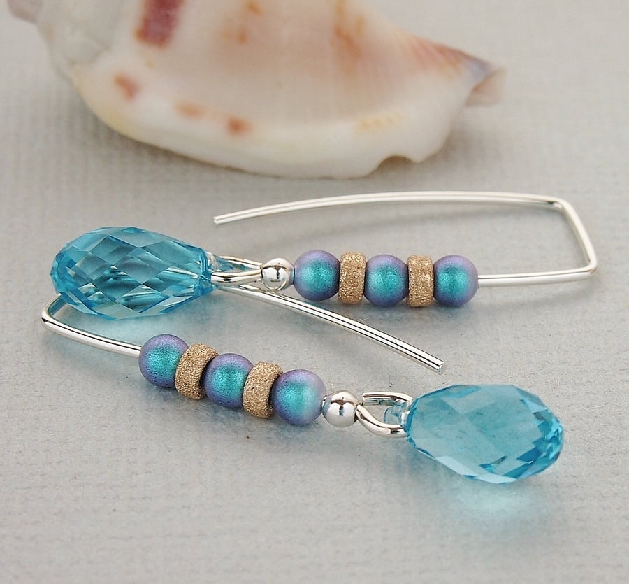 Aqua Crystal Threader Earrings - Swarovski Pearl - Sterling Silver