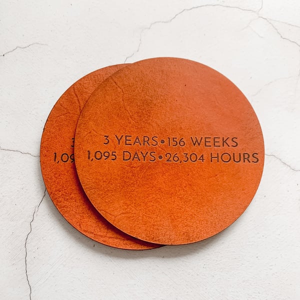 3rd Wedding Anniversary Leather Coaster. Third Anniversary Gift Ideas.