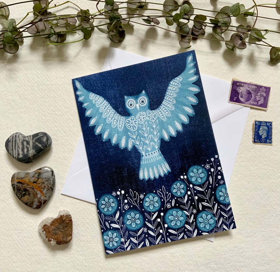 Folk Owl, blank greetings card