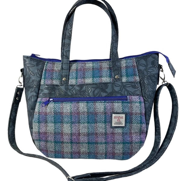 Harris tweed Crossbody Handbag, floral faux leather tote, blue shoulder bag, zip