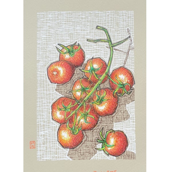 Cherry Tomatoes original drawing, Food artwork, kitchen wall art