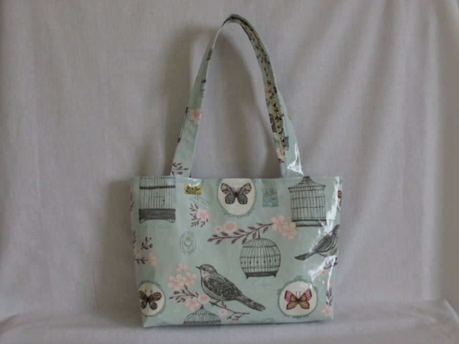  Tote bag shoulder bag in duck egg blue with birds butterflies flowers 