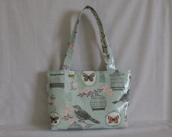  Tote bag shoulder bag in duck egg blue with birds butterflies flowers 
