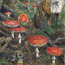 Fly Agaric - David W. J. Lloyd - Giclée Art Print - Mushroom, Fox, Fairy, Trees