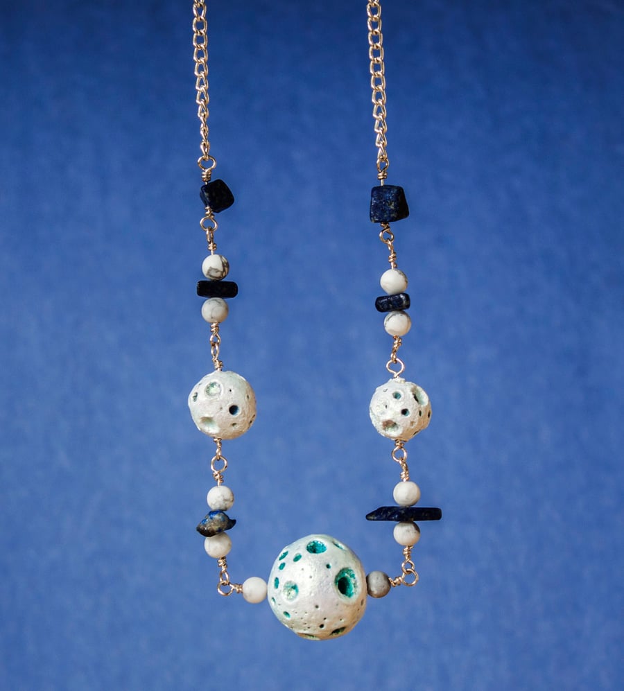 Moon Bead Necklace - Silver Chain With Iridescent Moons