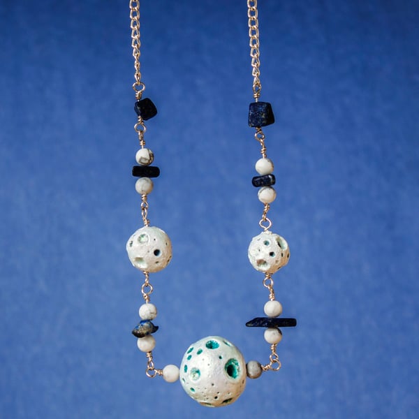 Moon Bead Necklace - Silver Chain With Iridescent Moons